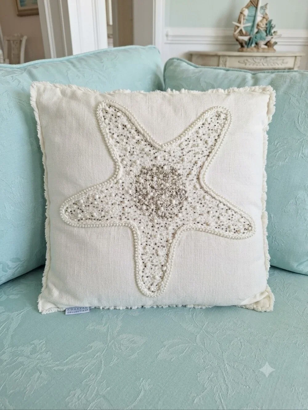 Coastal Collection Beaded Starfish Accent Pillow Beach Ocean Decor off-white 19